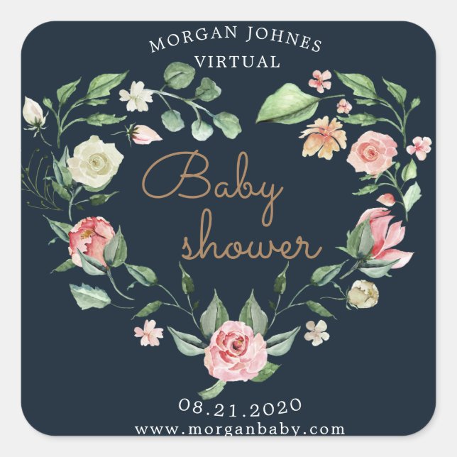 floral heart wreath virtual baby shower square sticker (Front)