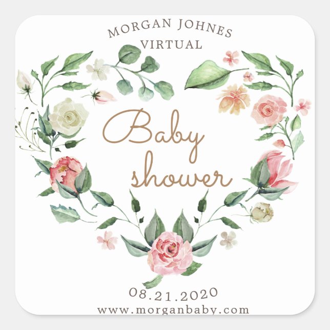 floral heart wreath virtual baby shower square sticker (Front)