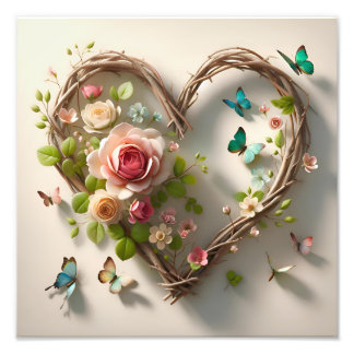 Floral Heart Wreath with Butterflies Romantic Photo Print