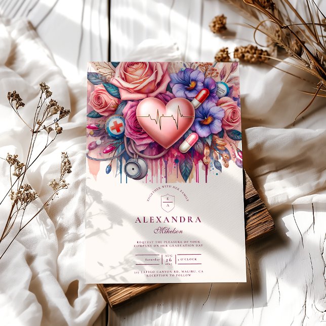 Floral Heartbeat Nurse Graduation with Stethoscope Invitation (Creator Uploaded)