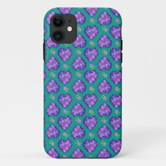 Floral Hearts and Tiny Flowers Pattern on Green iPhone 11 Case
