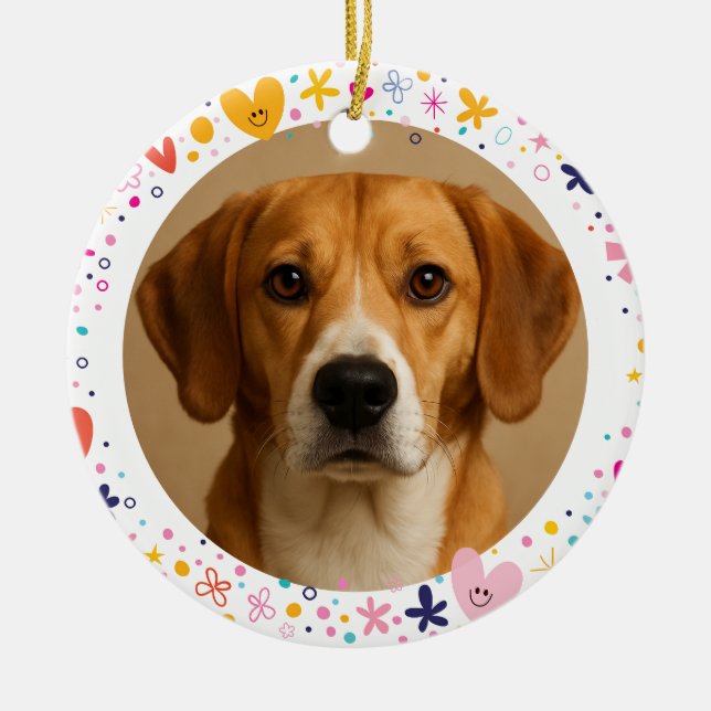 Floral Hearts Frame Custom Pet Photo | Personalize Ceramic Tree Decoration (Front)
