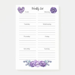 Floral & Hearts in Beautiful Purple Weekly List Post-it Notes