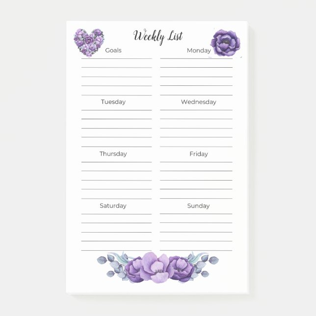 Floral & Hearts in Beautiful Purple Weekly List Post-it Notes (Front)