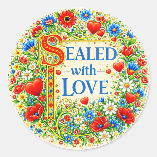 Floral Hearts SEALED WITH LOVE  Classic Round Sticker (Front)
