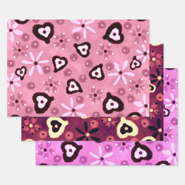 Floral Hearts Shades of Pink Pattern Decoupage Wrapping Paper Sheet (Set)