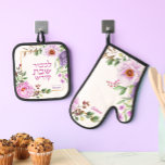Floral Hebrew Shabbat Oven Mitt Pot Holder Set<br><div class="desc">A beautiful and practical gift for your favourite Jewish Chef! This pot holder set includes the Hebrew words L'kovod Shabbos Kodesh - In honour of the Shabbat. And because her cooking is a work of art, this design has space to sign her name with a flourish! Perfect as a unique...</div>