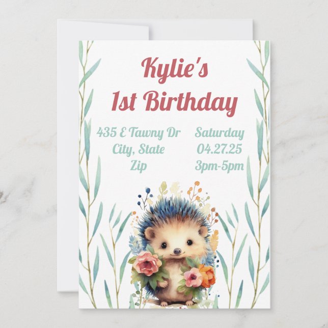 Floral Hedgehog Birthday Invitation  (Front)