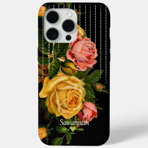 Floral Heirloom Roses Black Yellow Pink iPhone 15 Pro Max Case