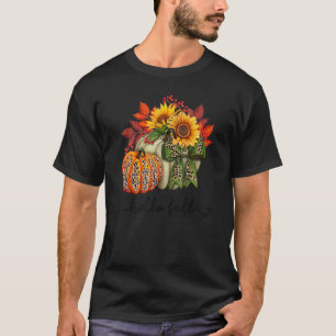 Floral Hello Fall Leopard Pumpkin Fall Vibes Thank T-Shirt