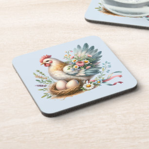 Floral Hen with Eggs Vintage Farmhouse Charm Coaster