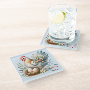 Floral Hen with Eggs Vintage Farmhouse Charm Glass Coaster