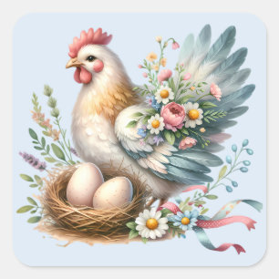 Floral Hen with Eggs Vintage Farmhouse Charm Square Sticker