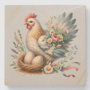 Floral Hen with Eggs Vintage Farmhouse Charm Stone Coaster