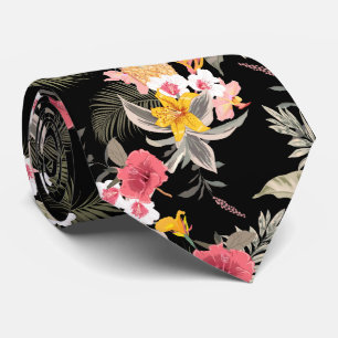 Floral Hibiscus Pineapple Hawaiian Print on Black Tie