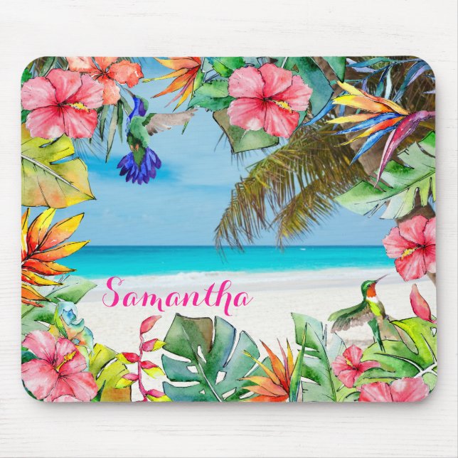 Floral Hibiscus Tropical Beach Personalised Mouse Mat (Front)
