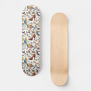 Floral High Heel Shoes with Butterflies Skateboard