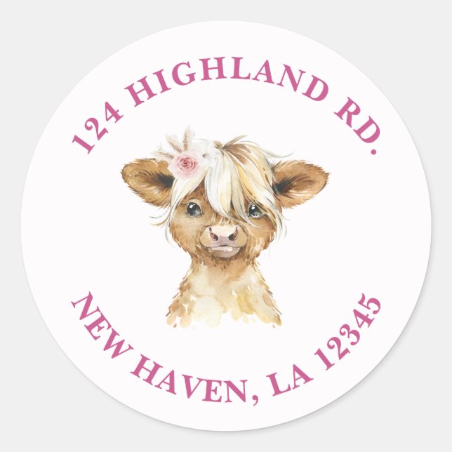 Floral Highland Cow Address Classic Round Sticker (Front)