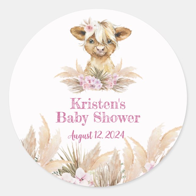 Floral Highland Cow Baby Shower Classic Round Sticker (Front)