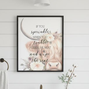 Floral Highland Cow Bathroom Quote Art Photo Print