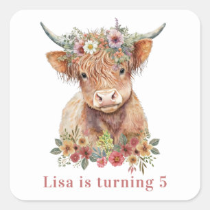 Floral Highland Cow Illustration Birthday Name Square Sticker