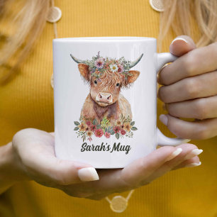 Floral Highland Cow Personalised Coffee Mug