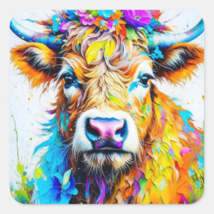 Floral Highland Cow   Square Sticker
