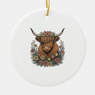 Floral Highland Cow Vintage Engraving Design_1 Ceramic Tree Decoration