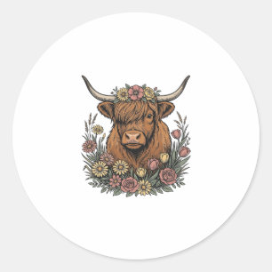 Floral Highland Cow Vintage Engraving Design_1 Classic Round Sticker