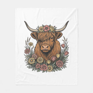 Floral Highland Cow Vintage Engraving Design_1 Fleece Blanket
