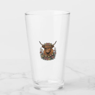 Floral Highland Cow Vintage Engraving Design_1 Glass