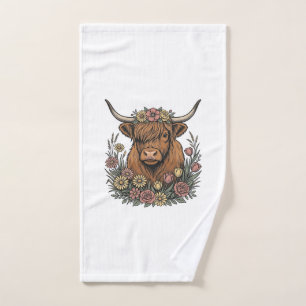 Floral Highland Cow Vintage Engraving Design_1 Hand Towel