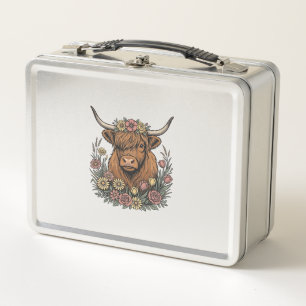 Floral Highland Cow Vintage Engraving Design_1 Metal Lunch Box
