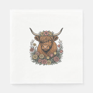 Floral Highland Cow Vintage Engraving Design_1 Napkin