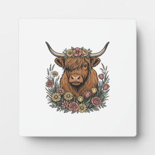 Floral Highland Cow Vintage Engraving Design_1 Plaque
