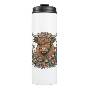 Floral Highland Cow Vintage Engraving Design_1 Thermal Tumbler