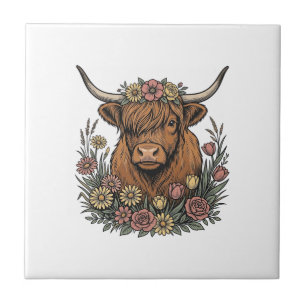 Floral Highland Cow Vintage Engraving Design_1 Tile