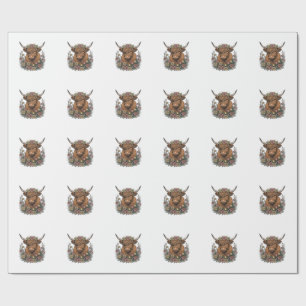 Floral Highland Cow Vintage Engraving Design_1 Wrapping Paper