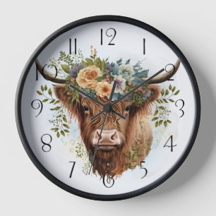 Floral Highland Cow Watercolor Clock