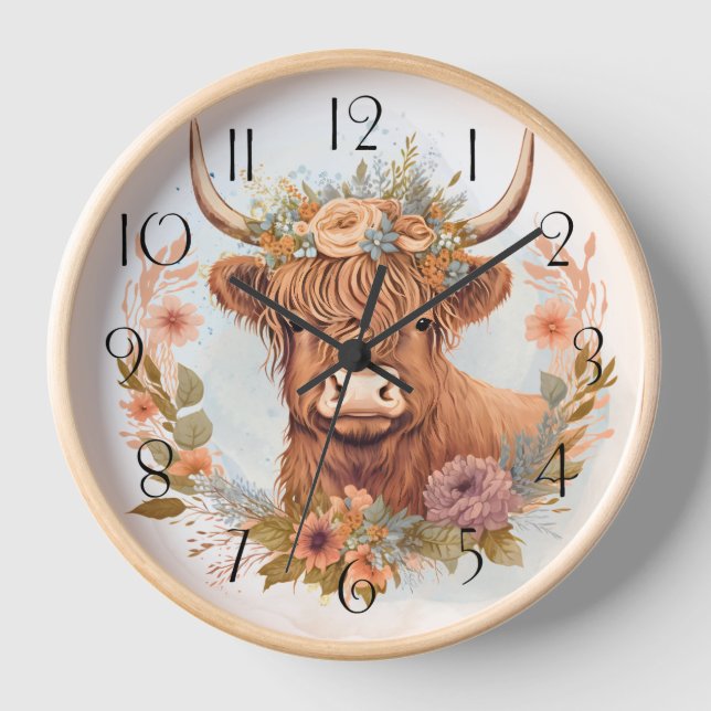 Floral Highland Cow Watercolor Clock (Front)