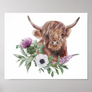 Floral Highland Cow Watercolor Decoupage Pint Poster