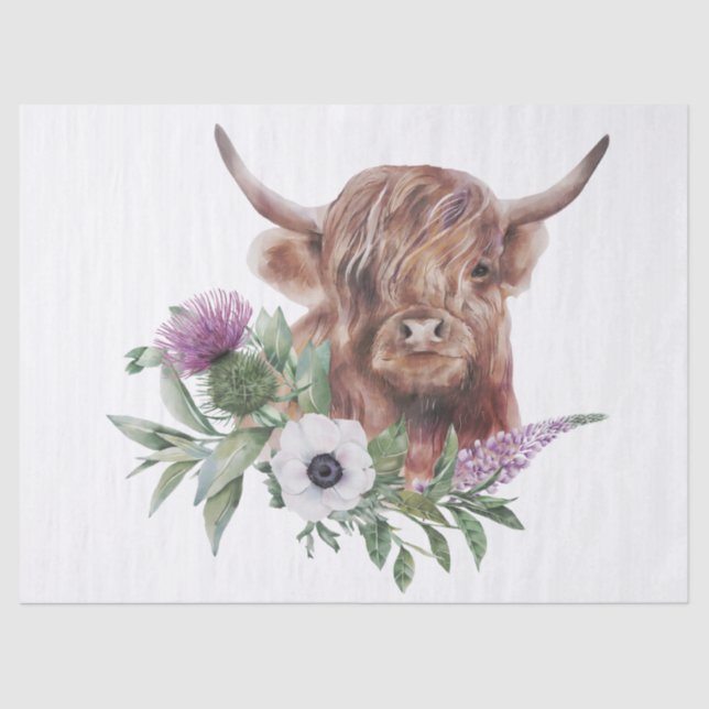 Floral Highland Cow Watercolor Tissue Paper (Front)