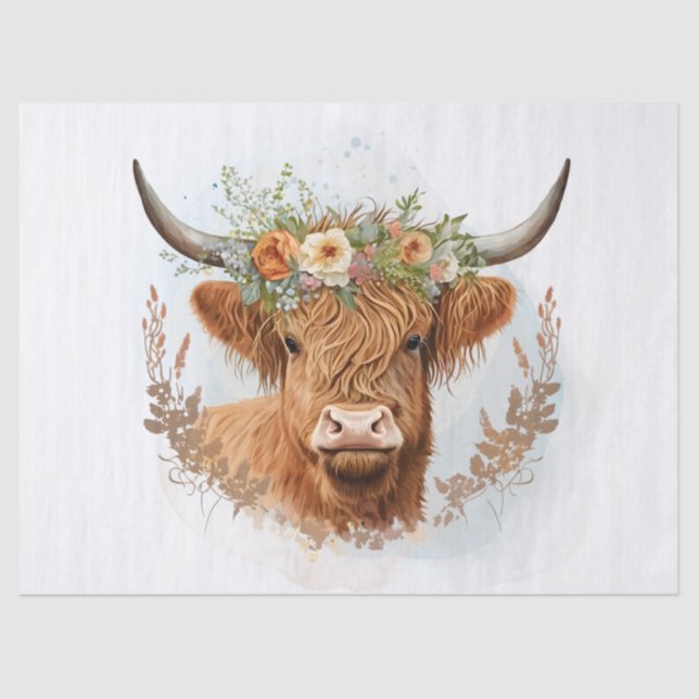 Floral Highland Cow Watercolor Tissue Paper (Front)