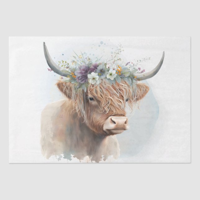 Floral Highland Cow Watercolor Tissue Paper (Front)