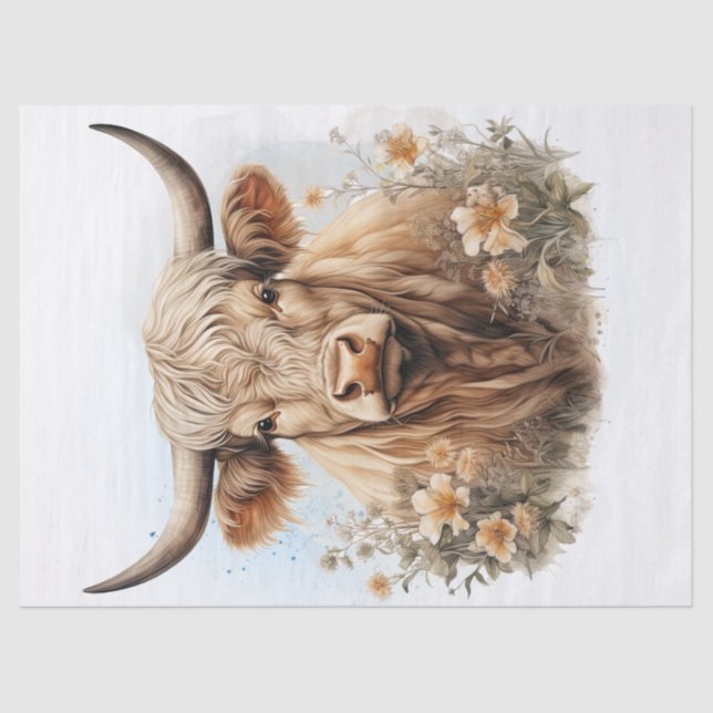 Floral Highland Cow Watercolor Tissue Paper (Front)