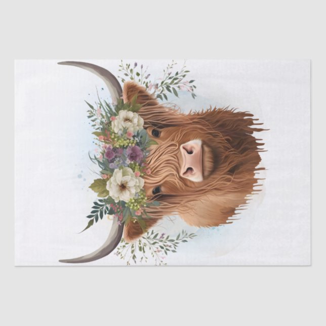 Floral Highland Cow Watercolor Tissue Paper (Front)
