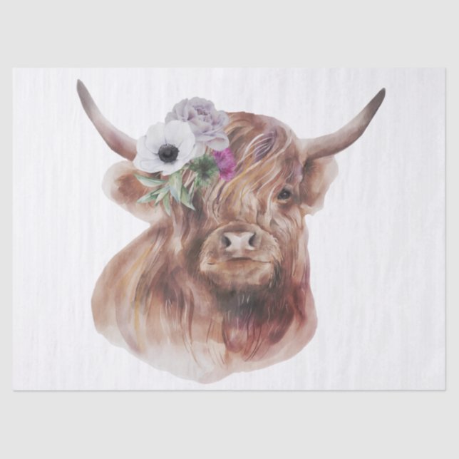 Floral Highland Cow Watercolor Tissue Paper (Front)