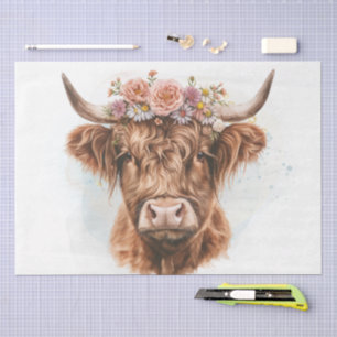 Floral Highland Cow Watercolor Tissue Paper