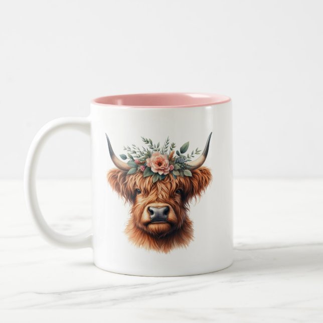 Floral Highland Cow With Flowers Two-Tone Coffee Mug (Left)