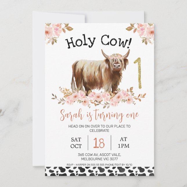 Floral Highland Holy Cow Cow Print First Birthday Invitation (Front)